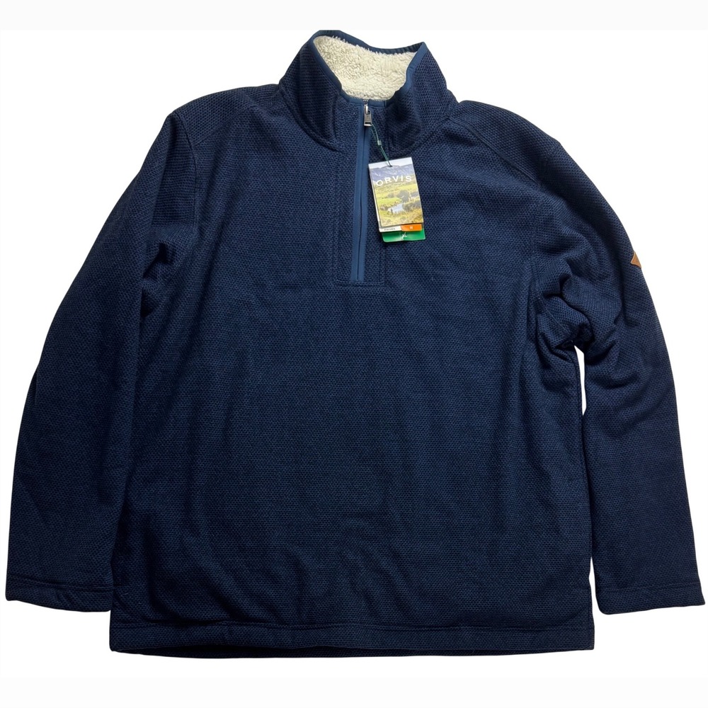 Orvis Mens XL Navy Blue Sherpa Lined Quarter Zip Knit‎ Pullover warm cozy
